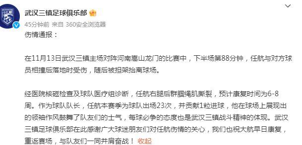 武汉三镇队长任航右腿撕裂伤退 或缺席6-8周比赛